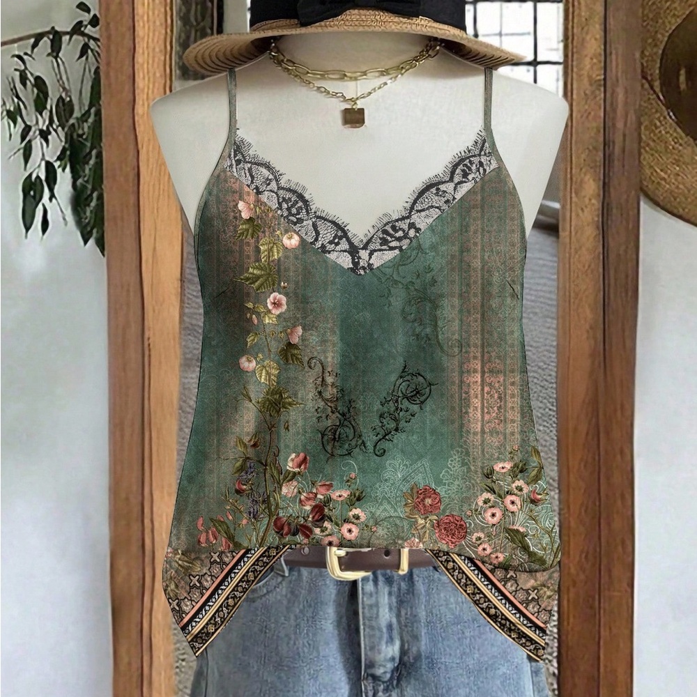 Green Floral Lace Camisole Plus 2X